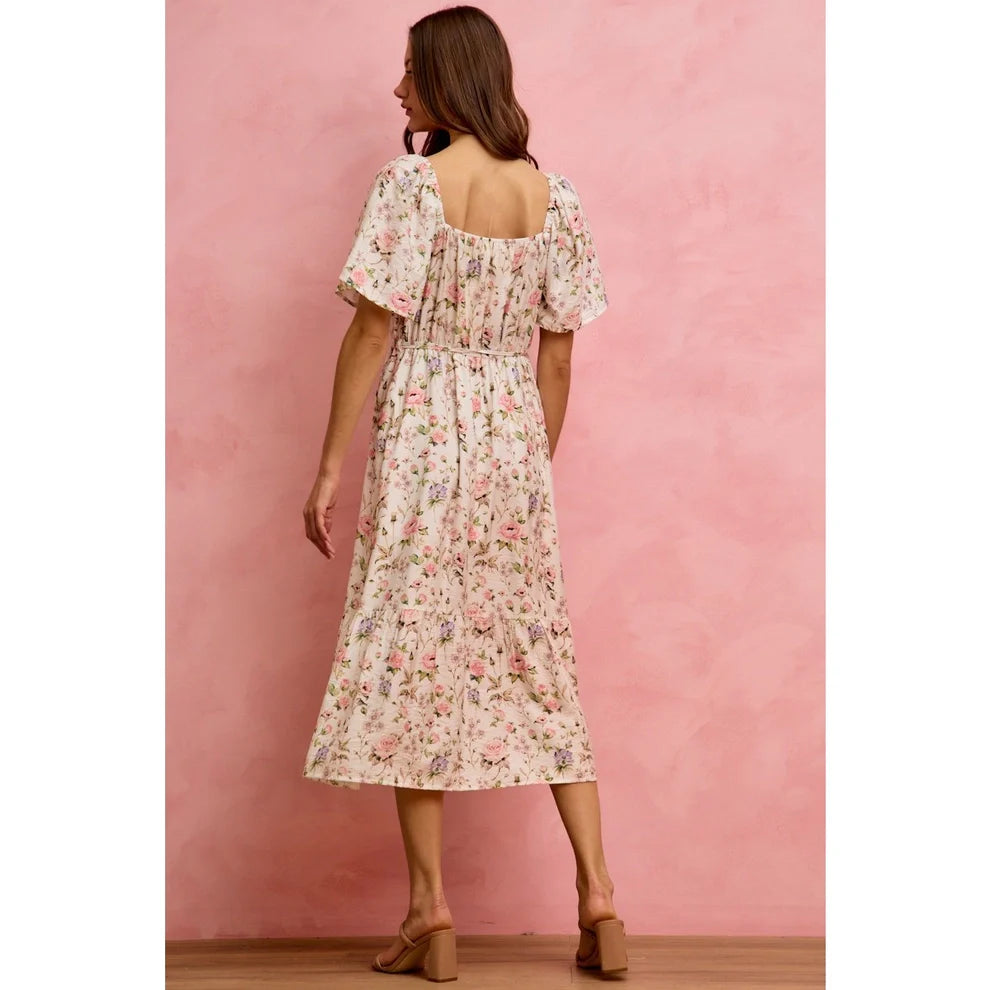 Textured Floral Print Flutter Sleeves Midi Dress