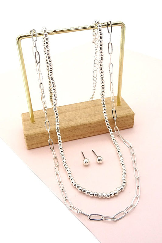 Silver double chain necklace with studs