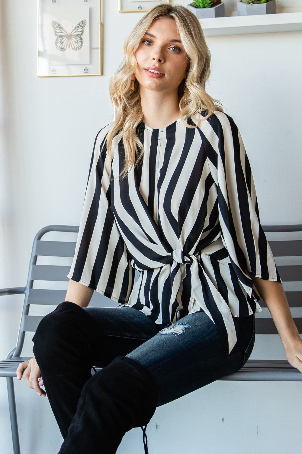 Dolly Striped Front Tie Blouse