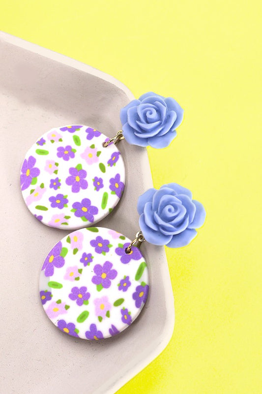 Lavender Round Flower Polymer Earrings