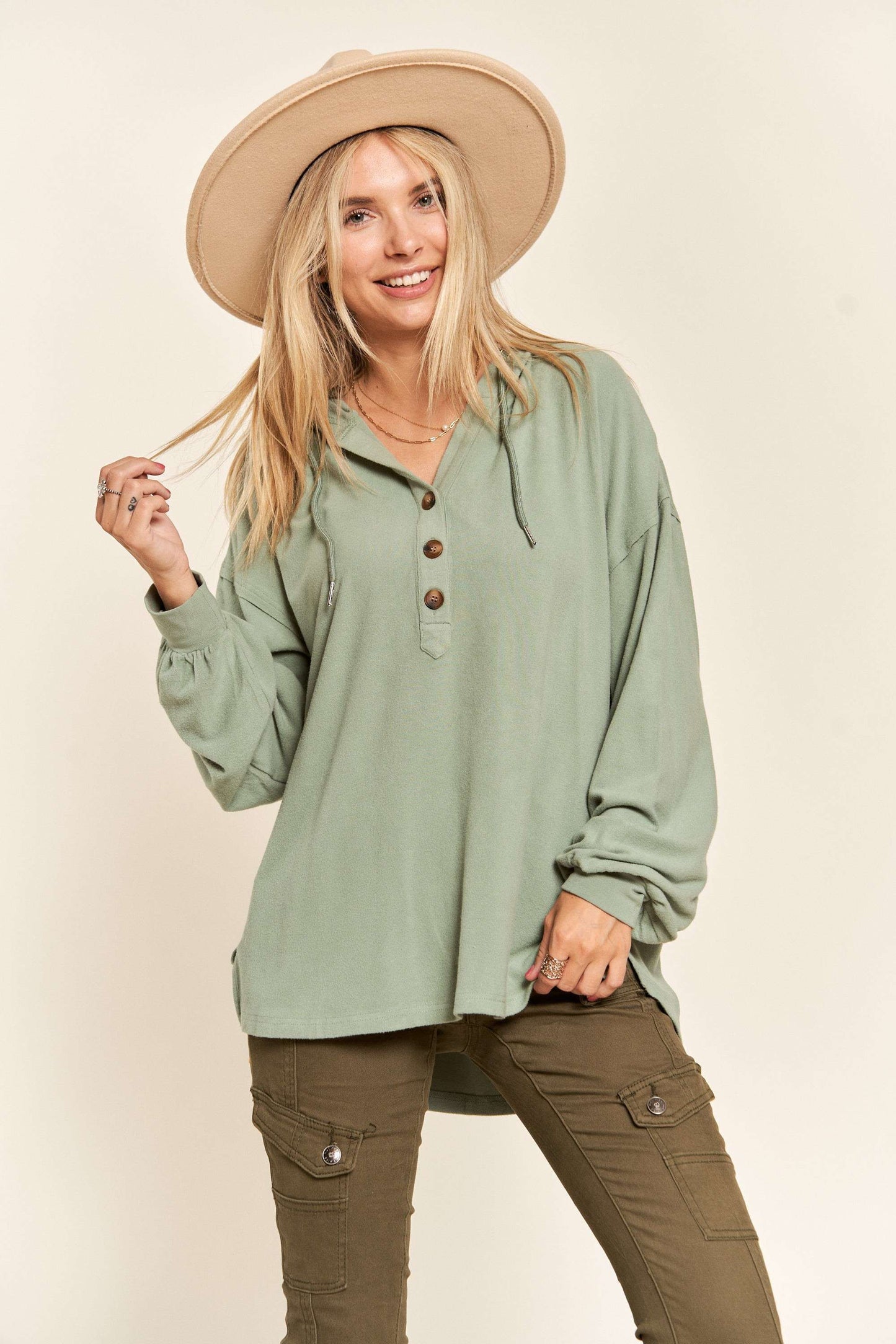 THREE COLORS - Henley Hoodie Tunic Top