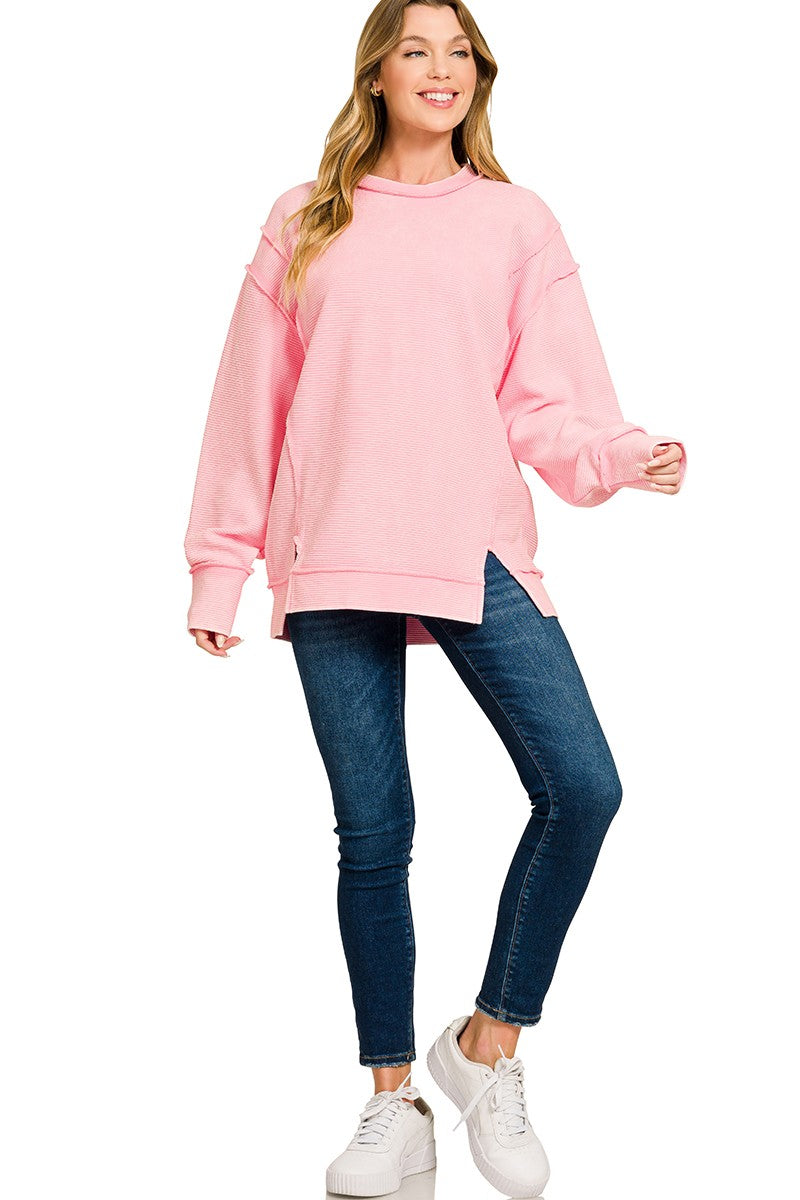 Acid Washed Double Ribbed Exposed-Seam Pullover