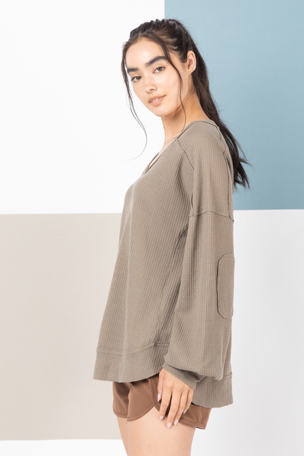 THREE COLORS - The Everything Elbow Patched Casual Knit Top