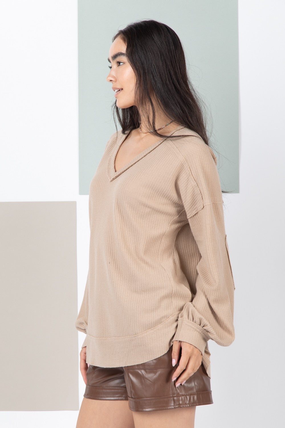 THREE COLORS - The Everything Elbow Patched Casual Knit Top