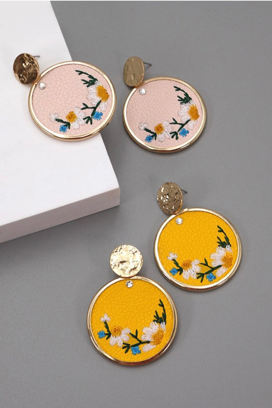 Embroidered Faux Leather Floral Drop Earrings