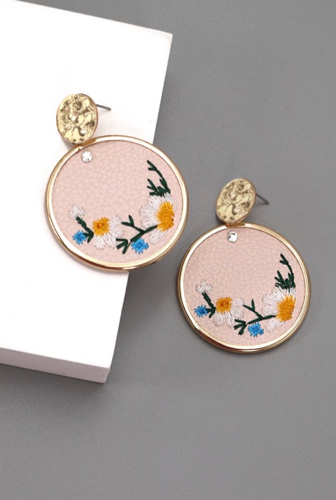Embroidered Faux Leather Floral Drop Earrings