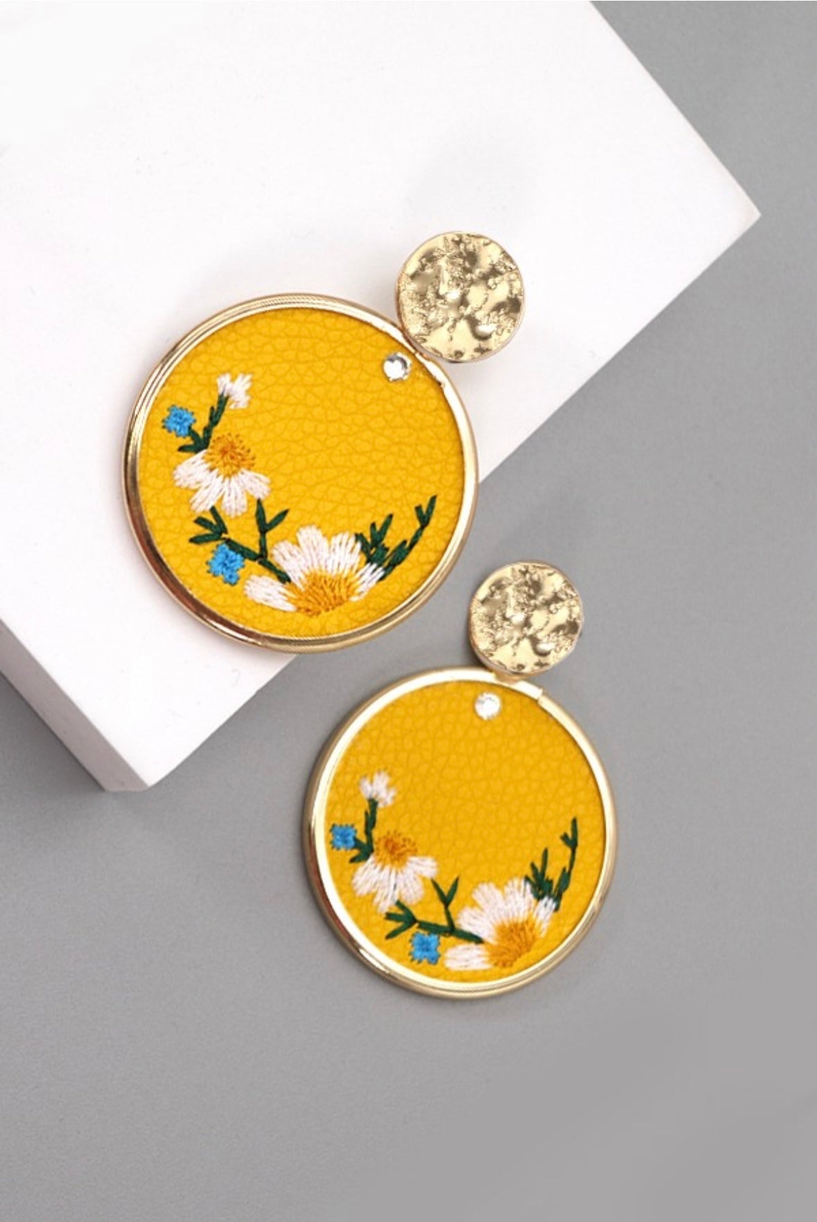 Embroidered Faux Leather Floral Drop Earrings