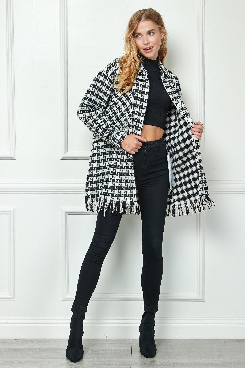 Vivian Houndstooth Fringe Hem Shacket