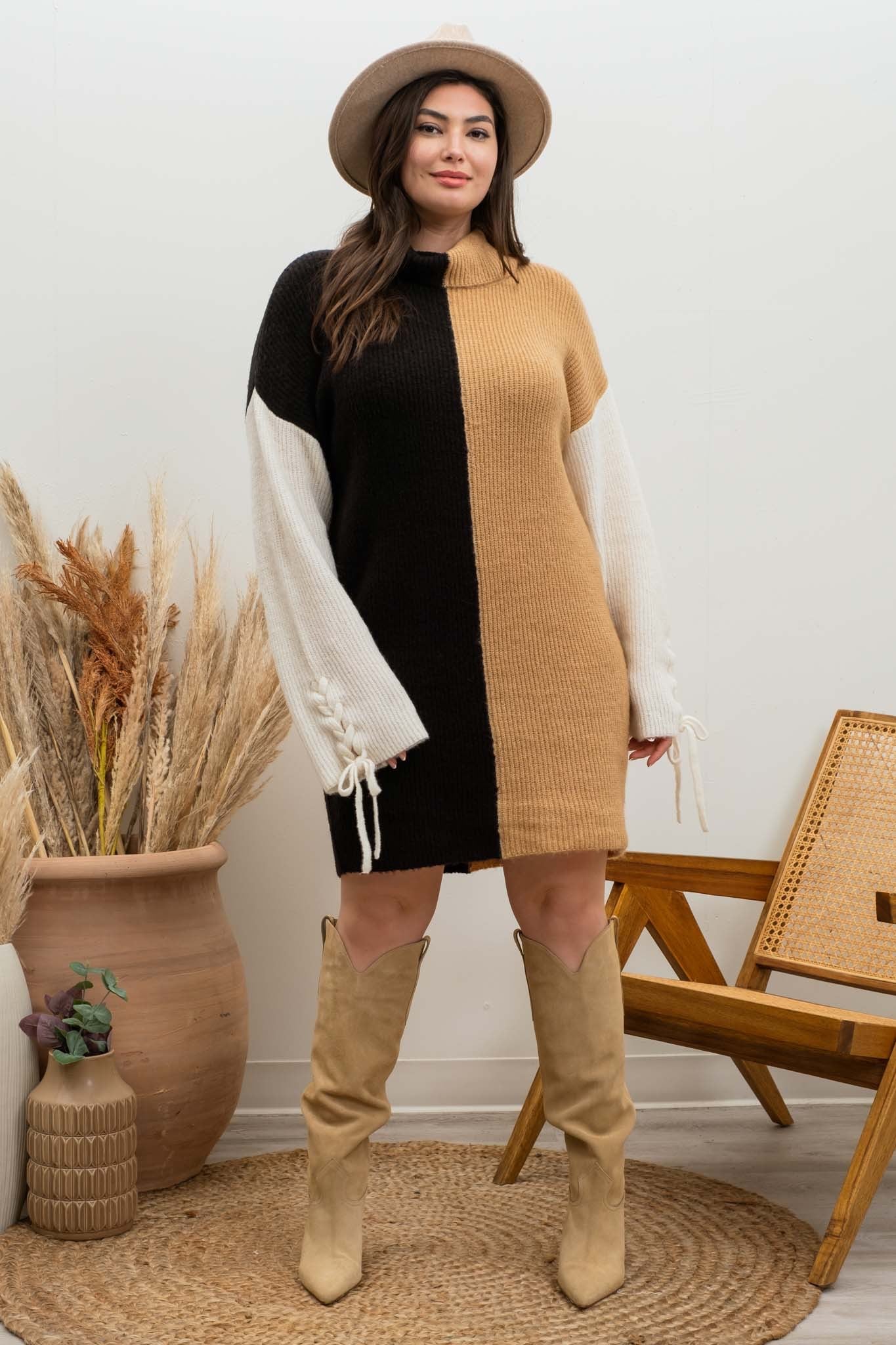 PLUS SIZE - Color block braided sleeve dress