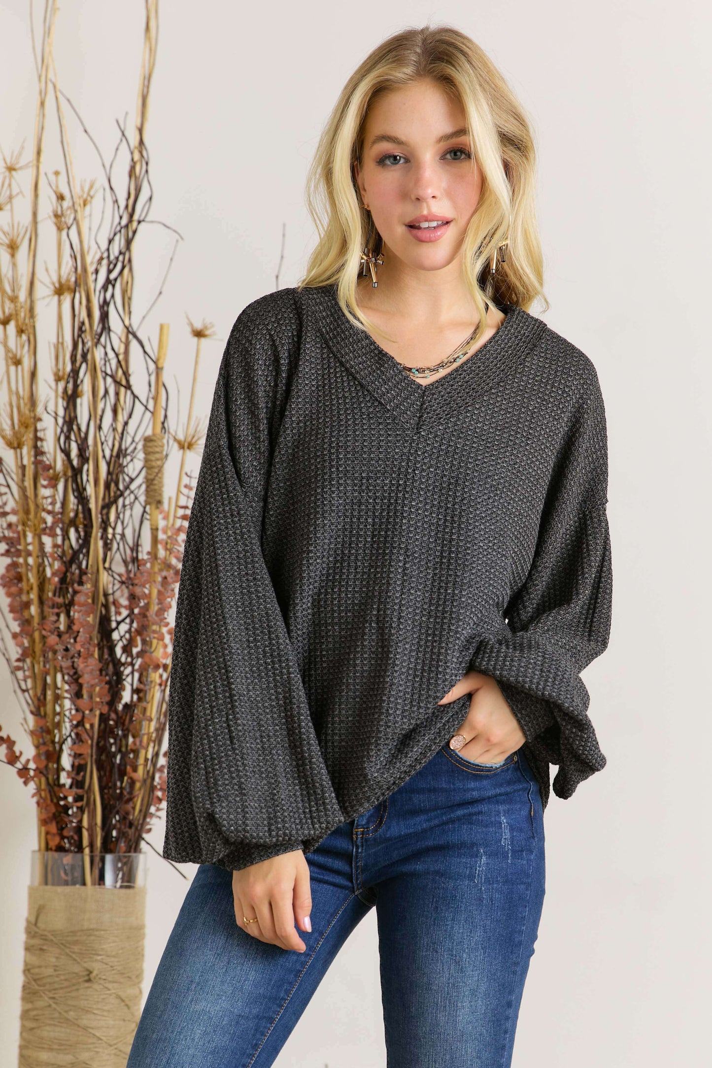 TWO COLORS -Presley Puff Sleeve Waffle Knit Tunic