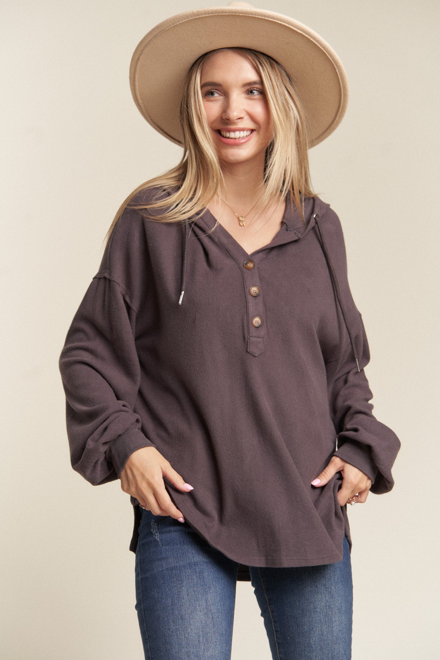 THREE COLORS - Henley Hoodie Tunic Top