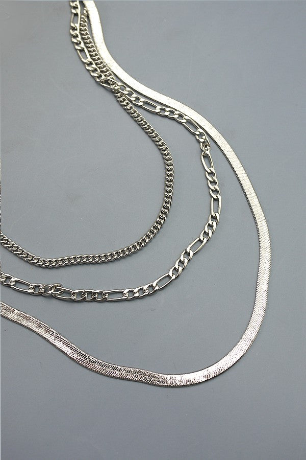 Silver Multi Herringbone Layer Chain Necklace
