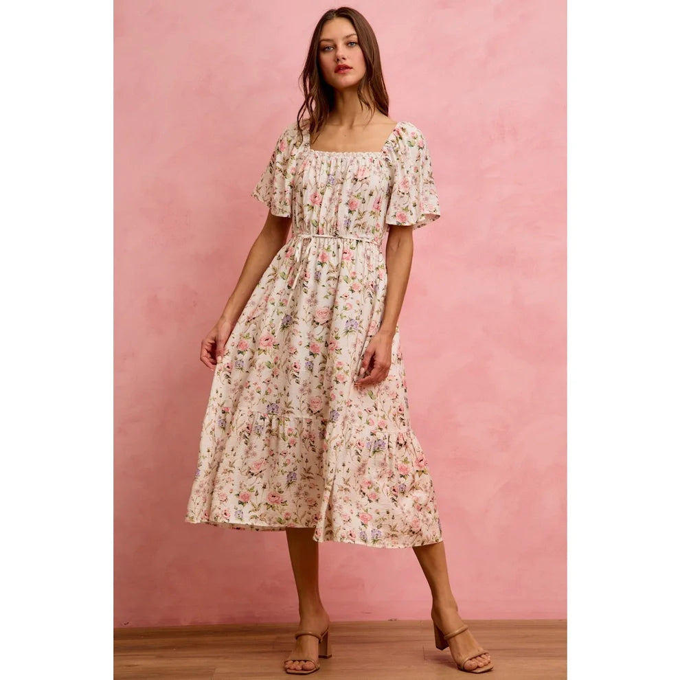 Textured Floral Print Flutter Sleeves Midi Dress