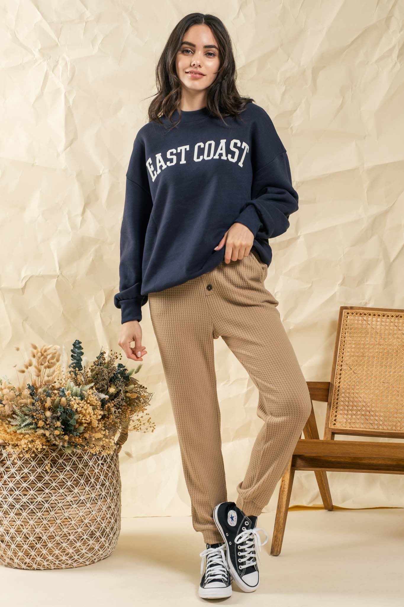 THREE COLORS - Waffle Knit High Waist Lounge Pants