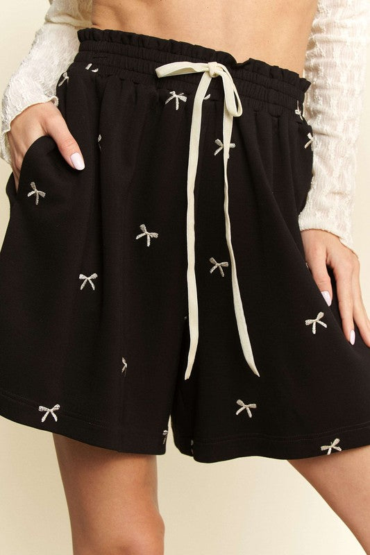 Embroidered Bow High Waisted Shorts