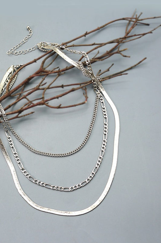Silver Multi Herringbone Layer Chain Necklace