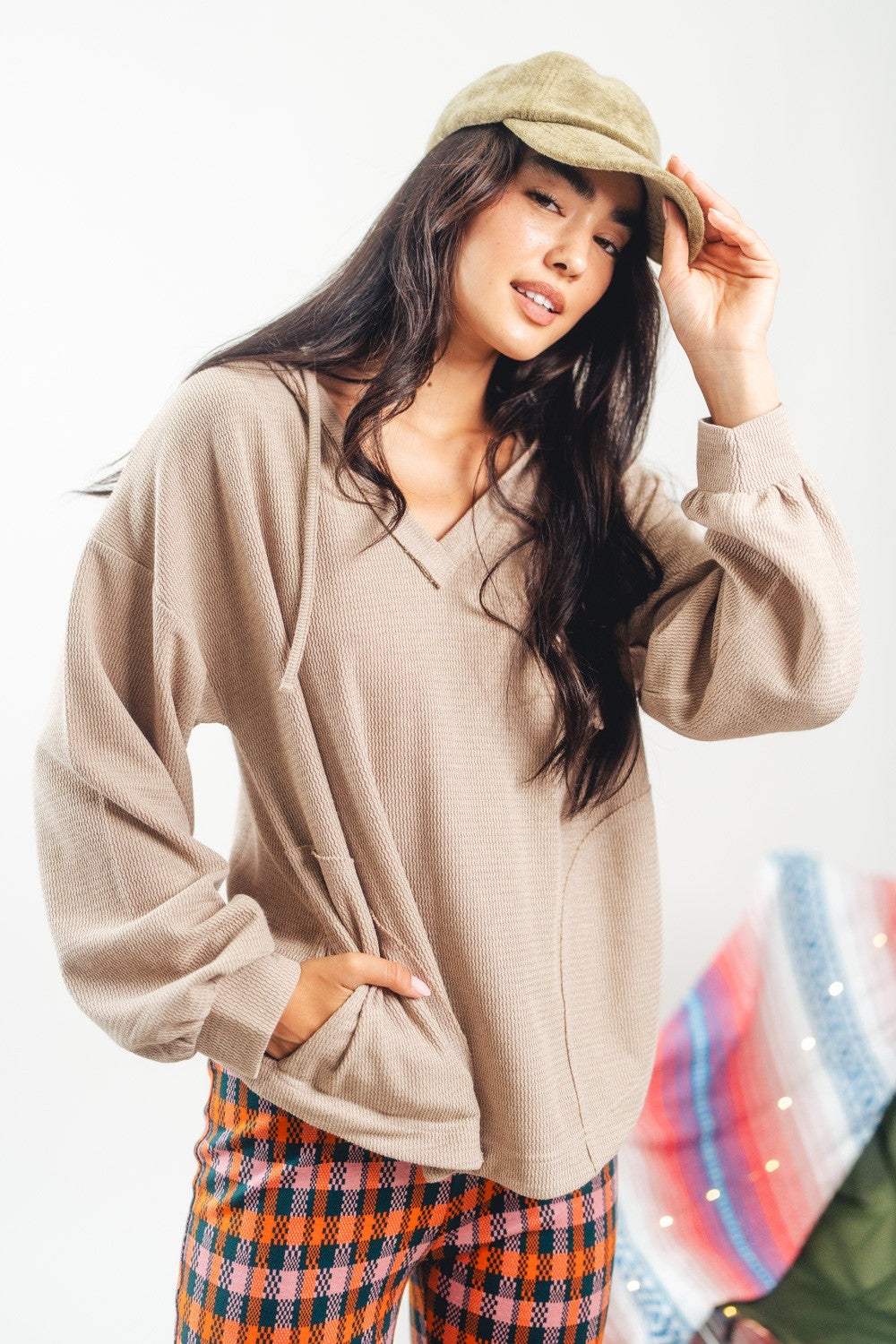 Puff Sleeve Hooded V-Neck Top