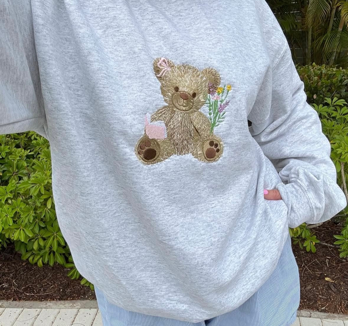 Spring Bookish Bear Embroidered Crew Neck