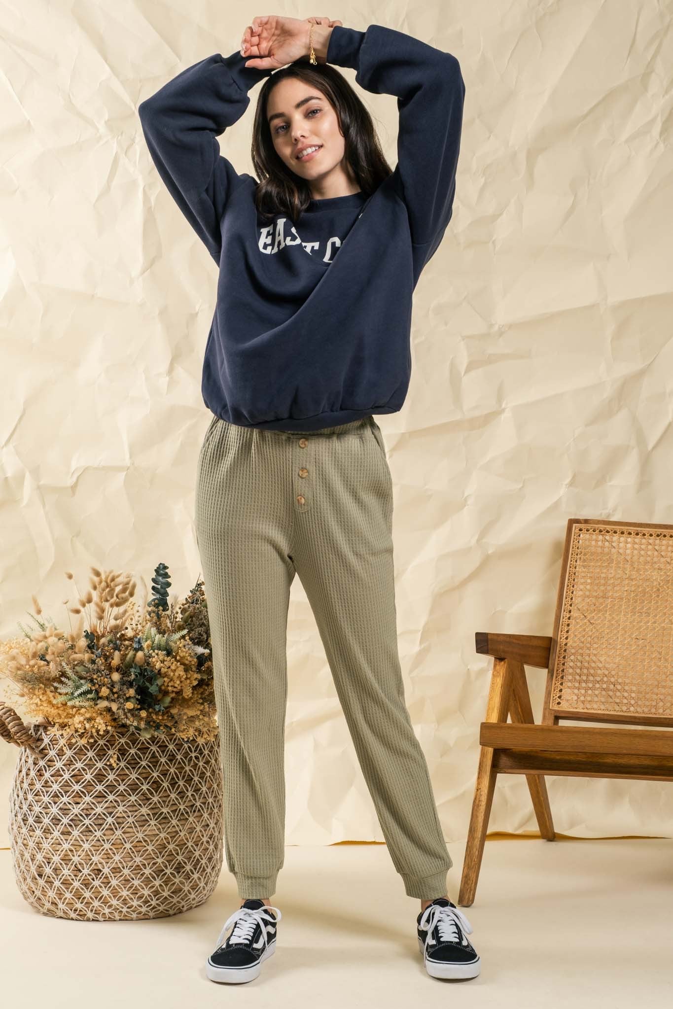 THREE COLORS - Waffle Knit High Waist Lounge Pants