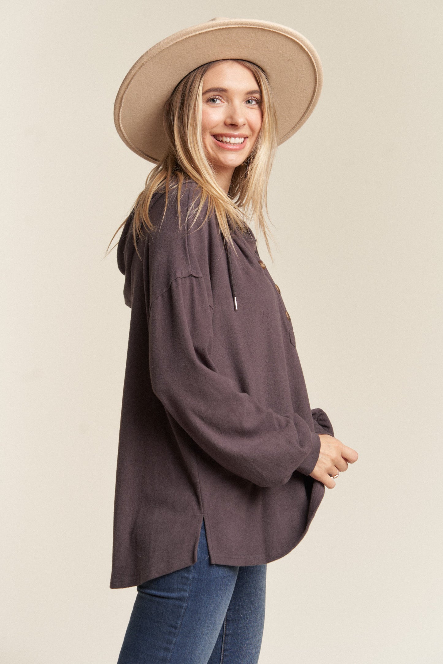 THREE COLORS - Henley Hoodie Tunic Top