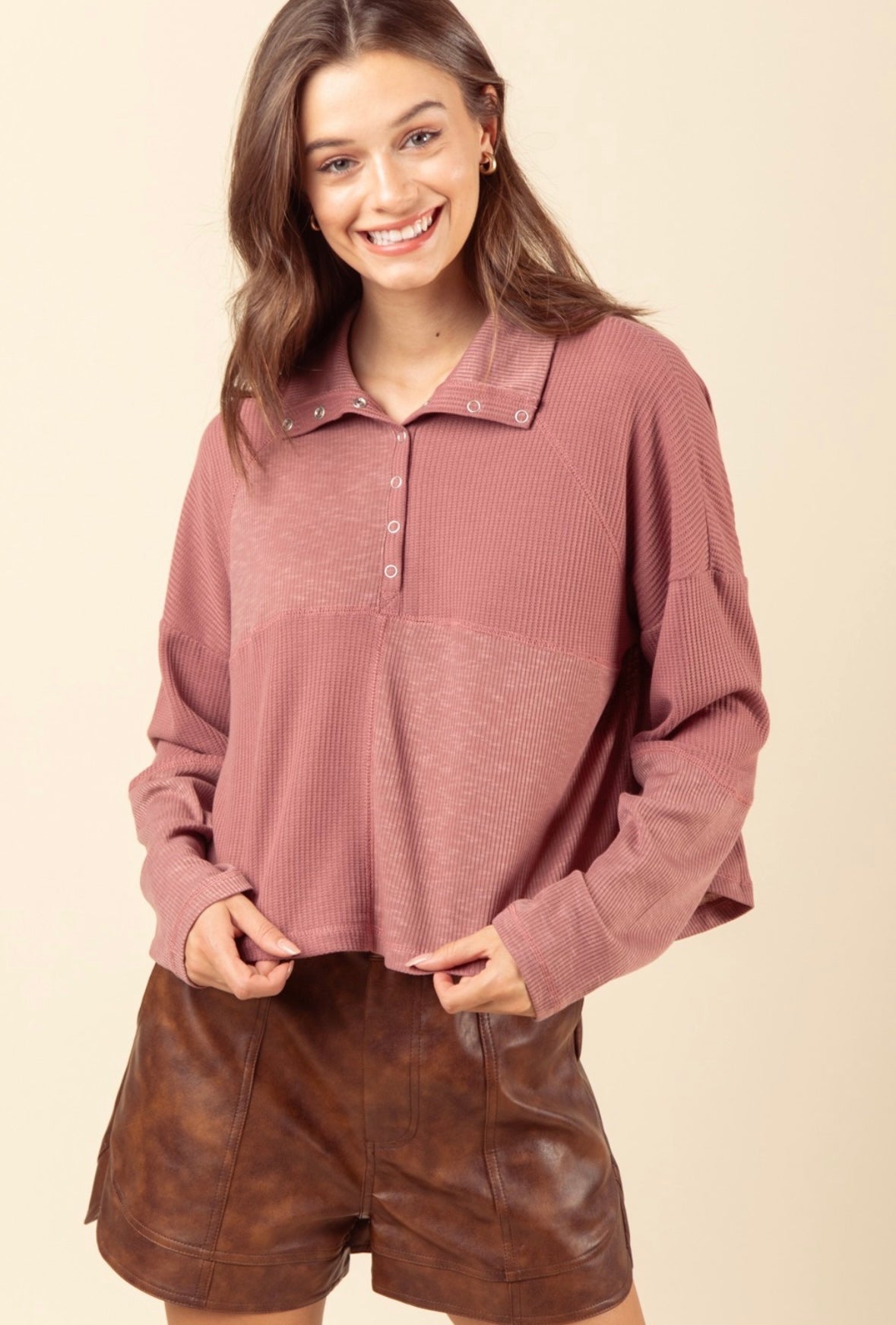 TWO COLORS - Raven Mock Neck Ribbed Henley Knit Top