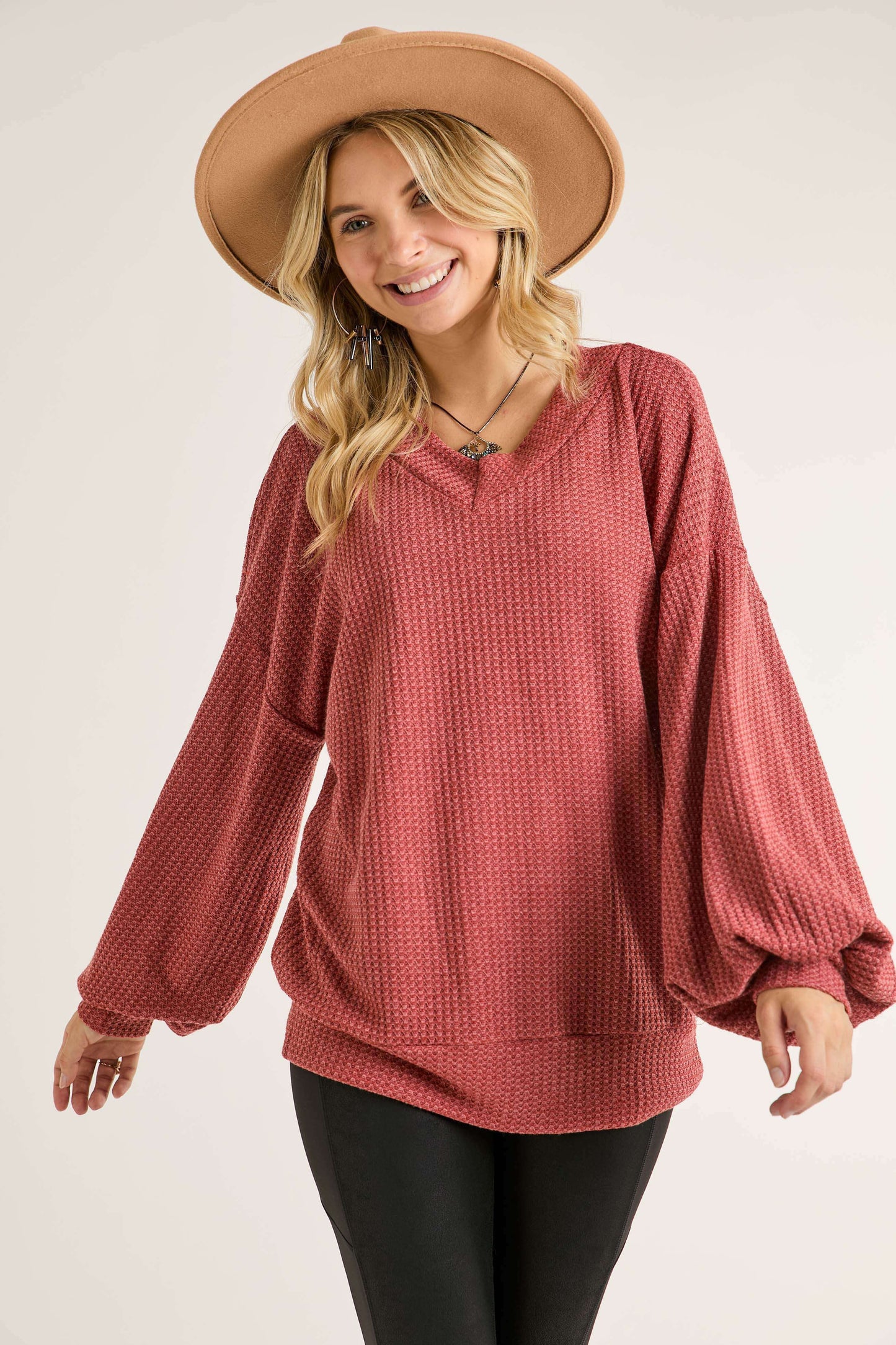 TWO COLORS -Presley Puff Sleeve Waffle Knit Tunic