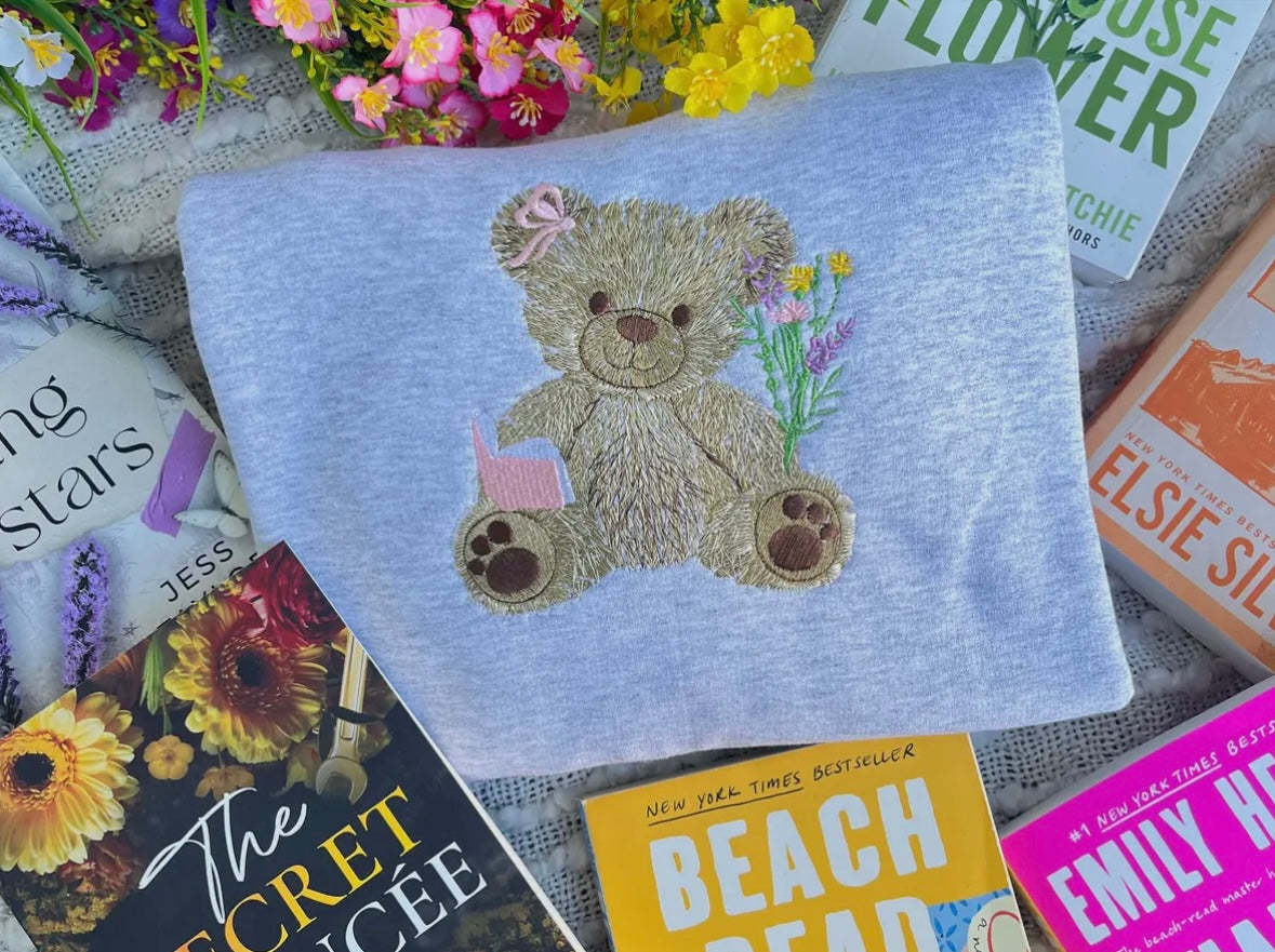 Spring Bookish Bear Embroidered Crew Neck