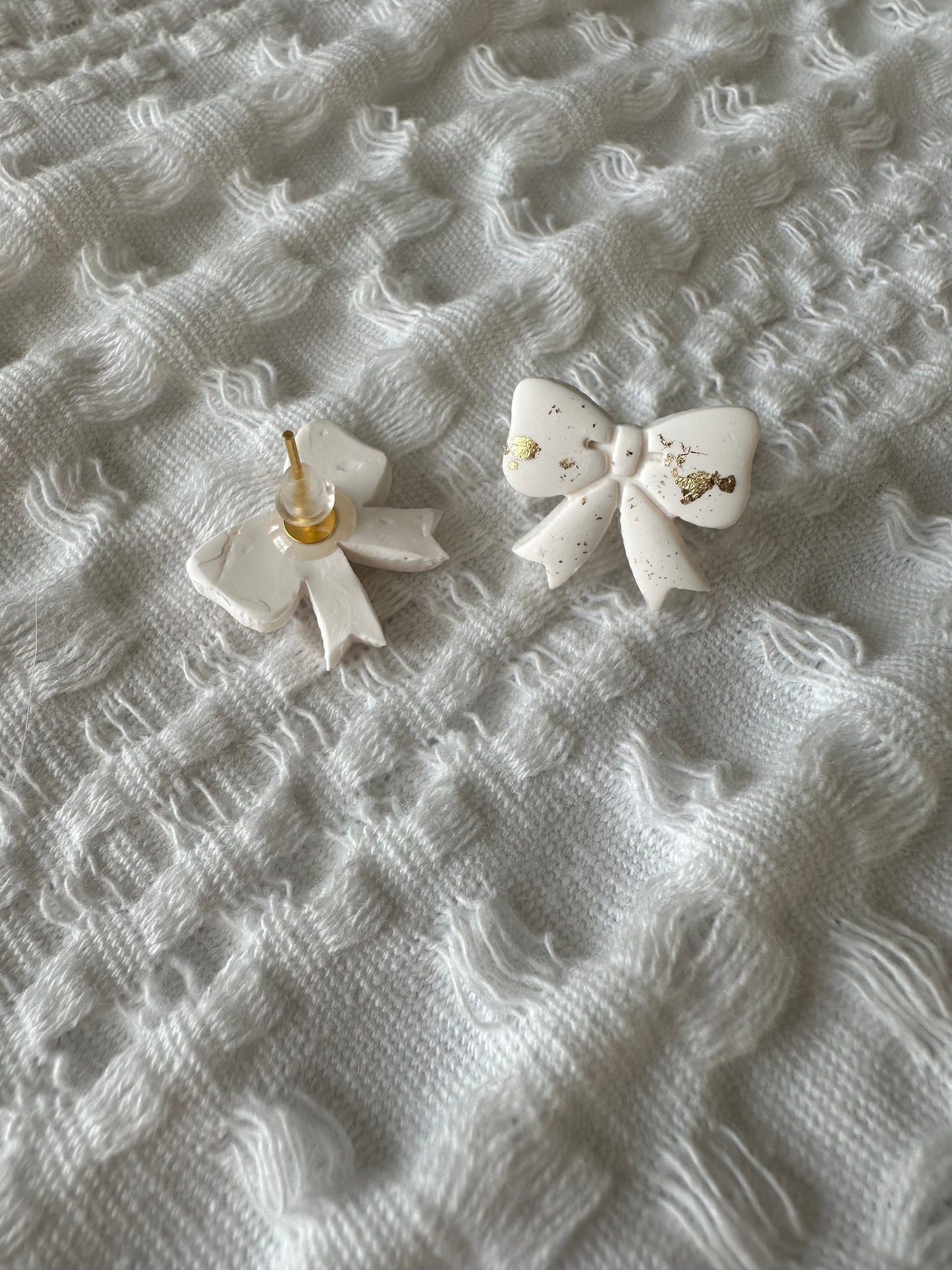 (Two Colors) Gold Marble Bow Stud Earrings