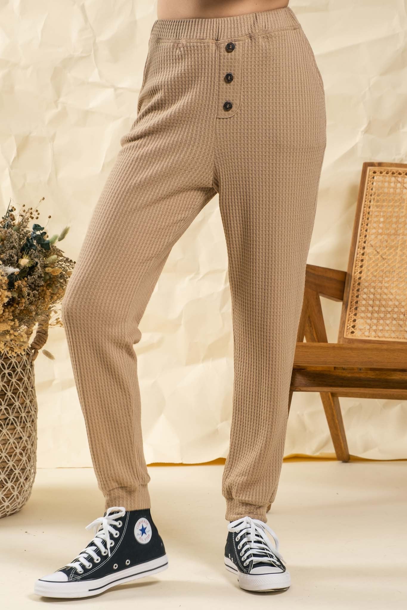 THREE COLORS - Waffle Knit High Waist Lounge Pants