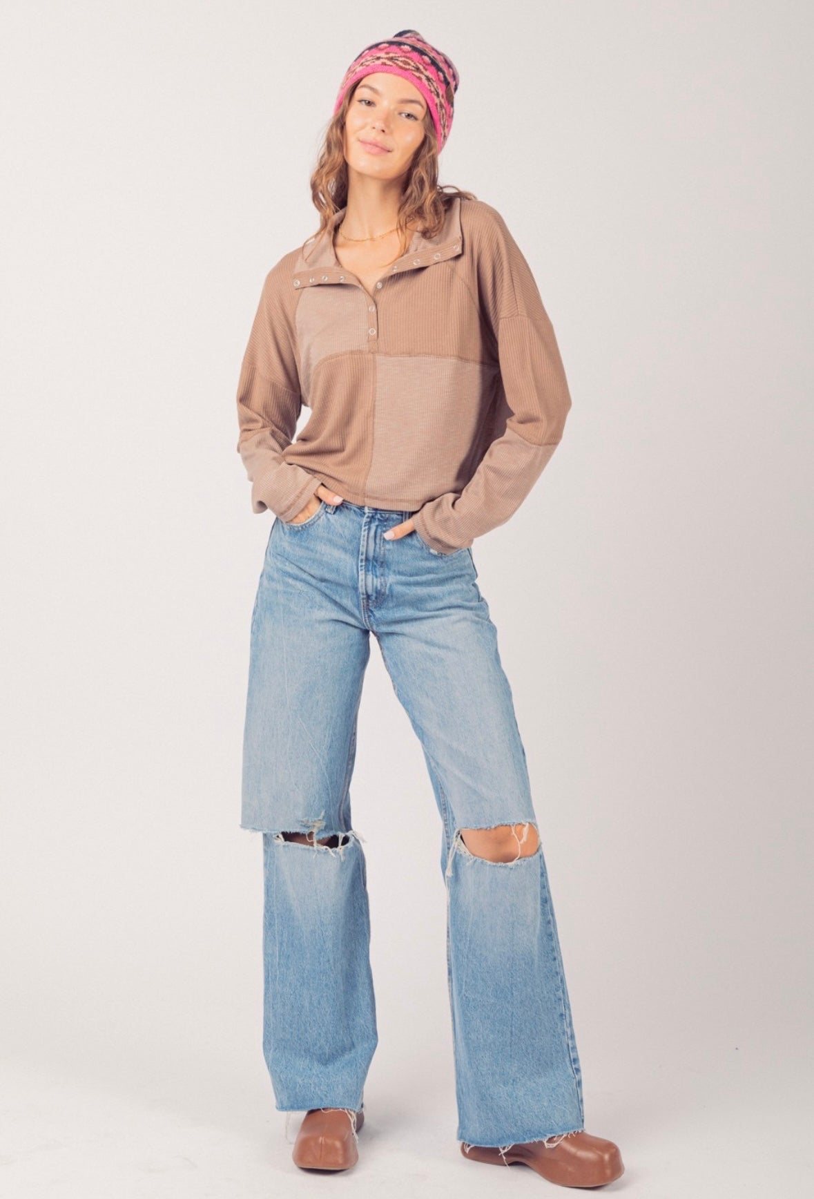 TWO COLORS - Raven Mock Neck Ribbed Henley Knit Top