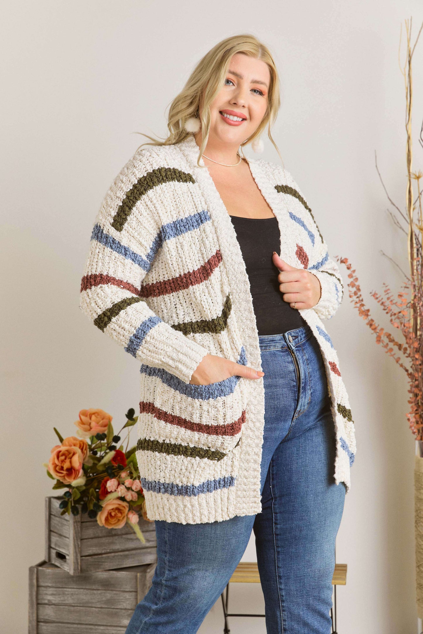 Striped Neutral Chunky Knit Cardigan