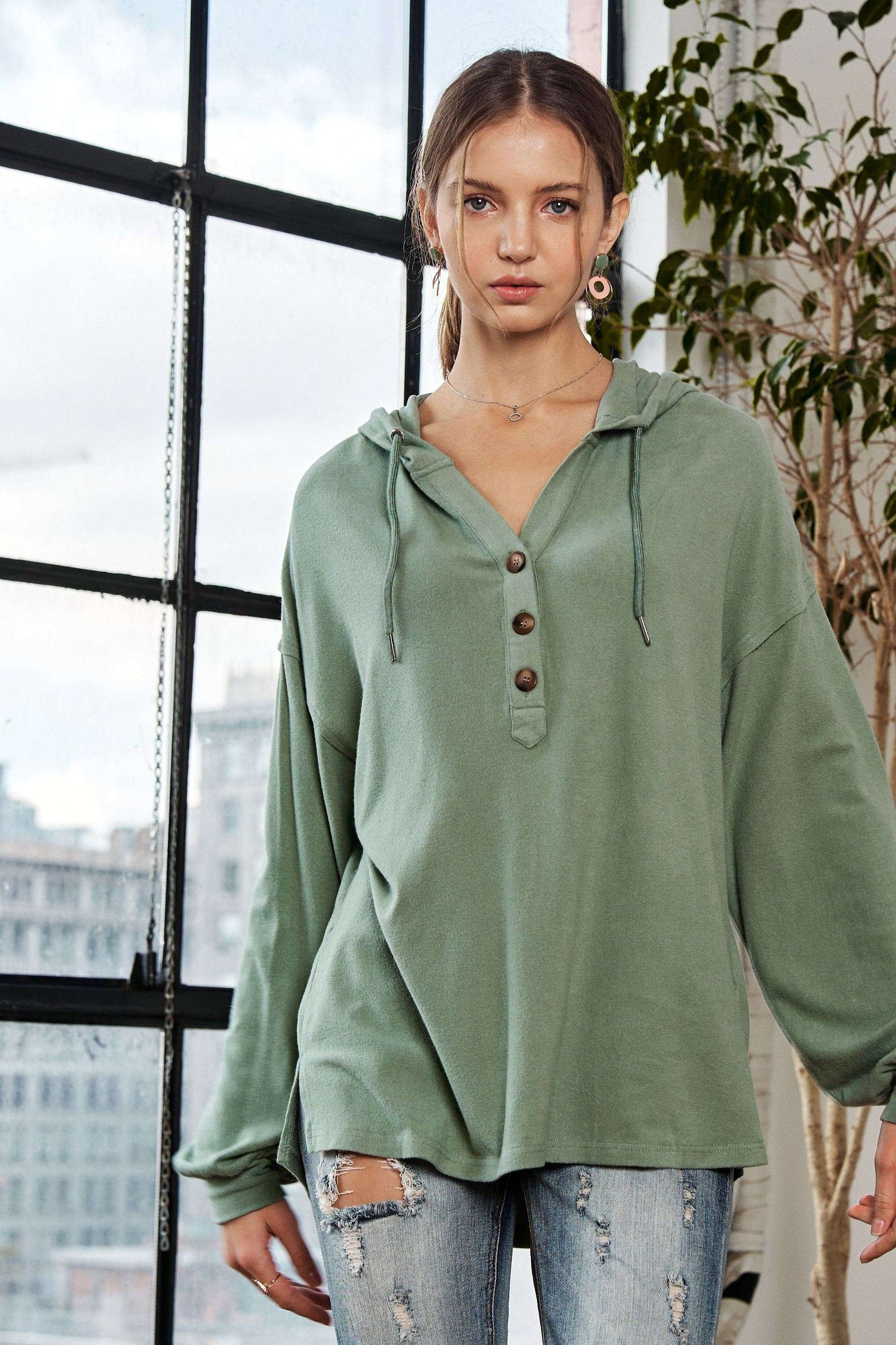 THREE COLORS - Henley Hoodie Tunic Top