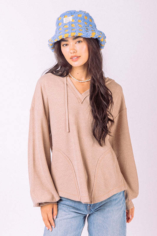 Puff Sleeve Hooded V-Neck Top