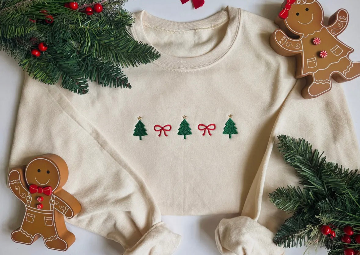 Holiday Tree & Bow Embroidered Crewneck
