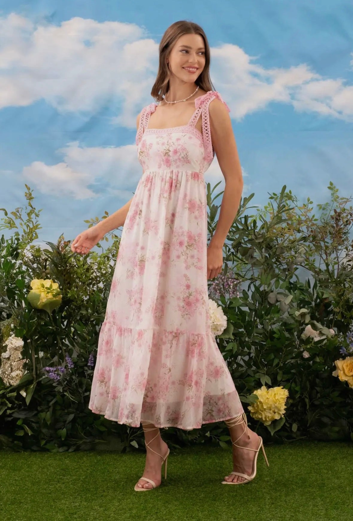 Pink Floral Spring Midi Dress