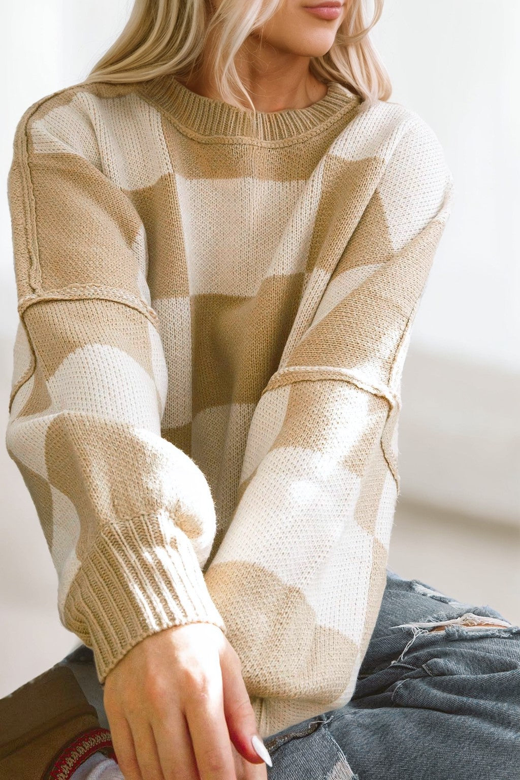 Naomi Neutral Checkered Crew Neck Sweater