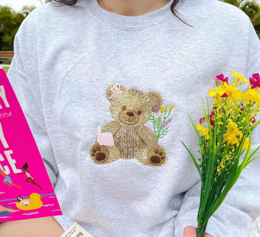 Spring Bookish Bear Embroidered Crew Neck