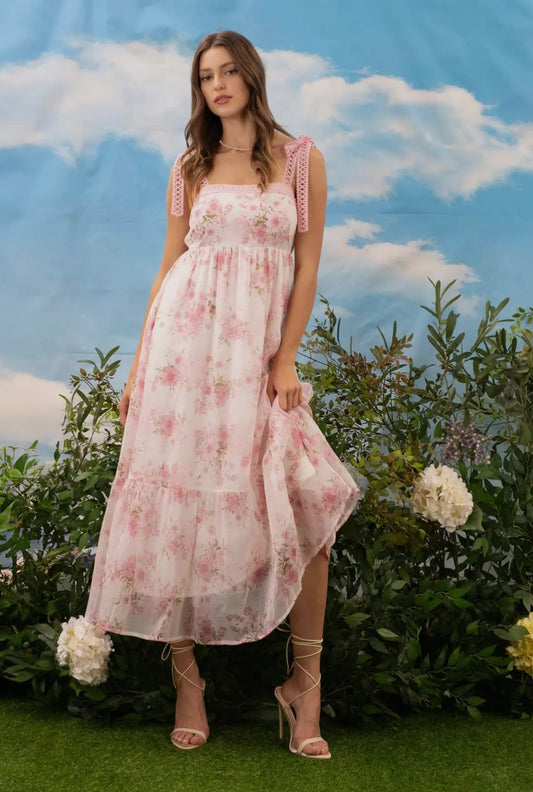 Pink Floral Spring Midi Dress