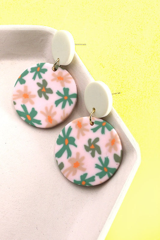 Green Flower Round Polymer Earring