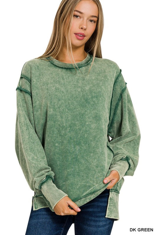 Dark Green Exposed Seam Hi-Low Sweatshirt