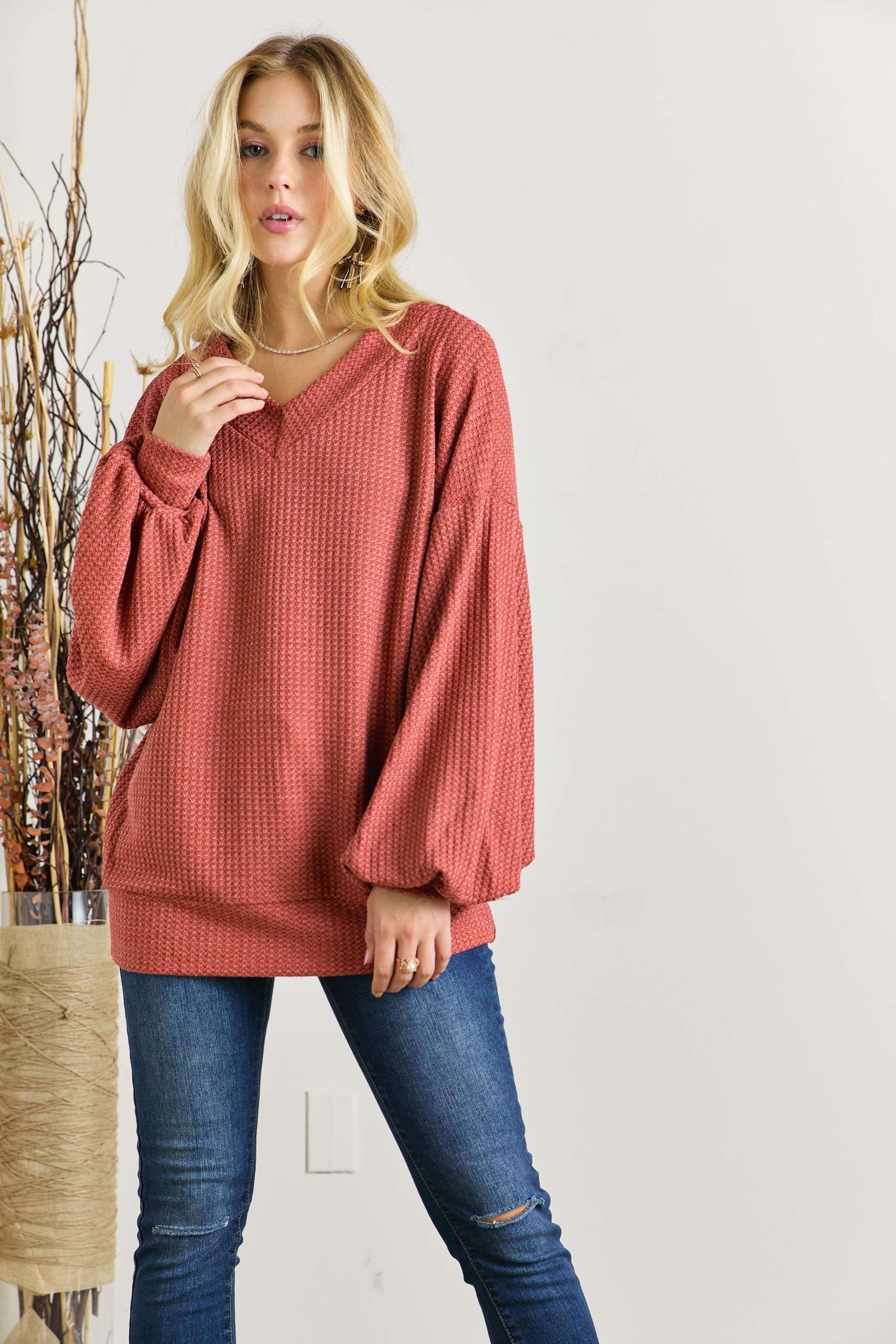 TWO COLORS -Presley Puff Sleeve Waffle Knit Tunic