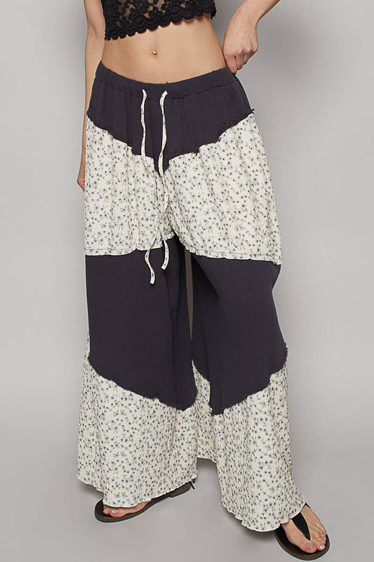 Contrast Floral Double Gauze Woven Print Pants