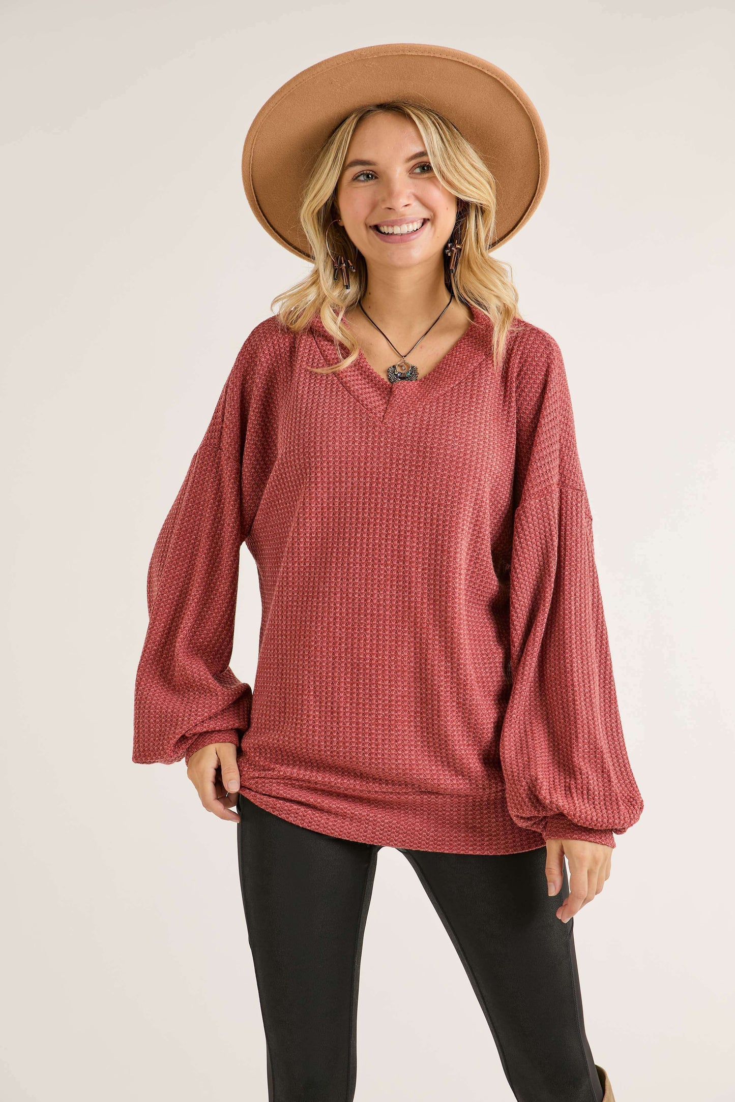 TWO COLORS -Presley Puff Sleeve Waffle Knit Tunic