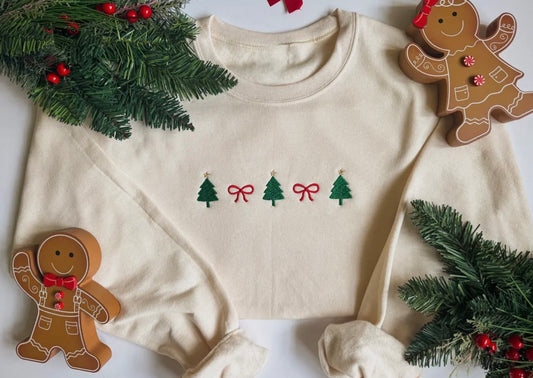 Holiday Tree & Bow Embroidered Crewneck