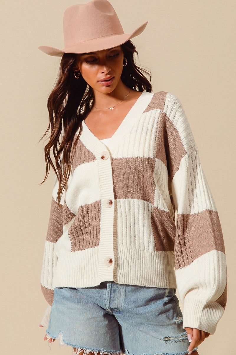 Checkered Button Front Sweater Cardigan