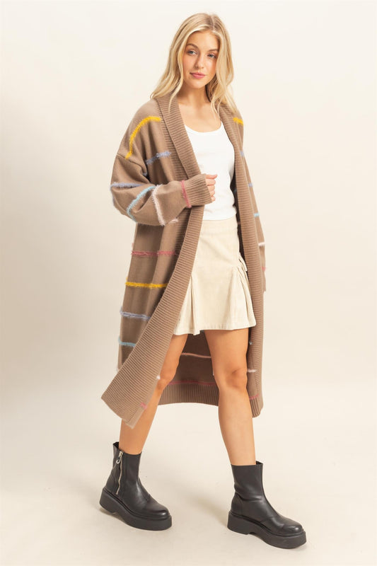 Multicolor Striped Open Front Long Cardigan